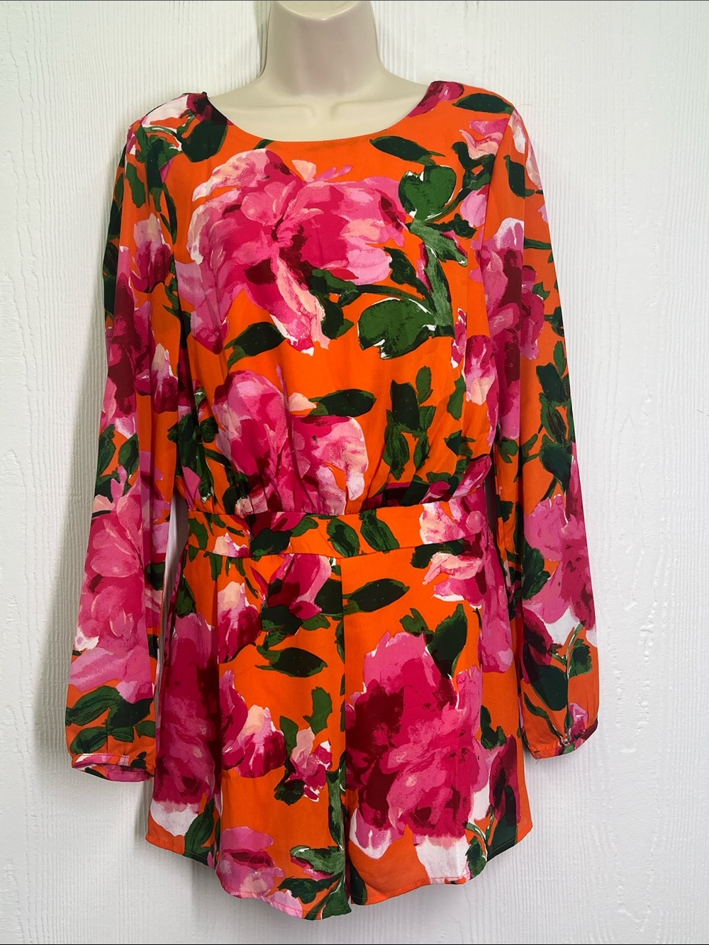 Lulus - Sweetest Song Orange Floral Backless Long Sleeve Romper Size Small - Picture 2 of 11